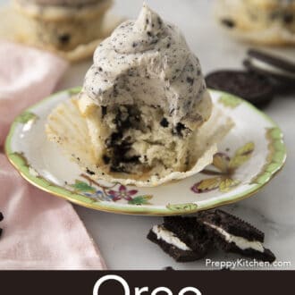 Pinterest graphic of an Oreo cupcake with Oreo frosting with a bite taken out of it.