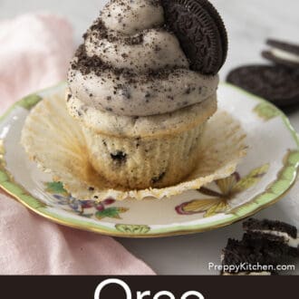 Pinterest graphic of an Oreo cupcake with Oreo frosting on a plate.