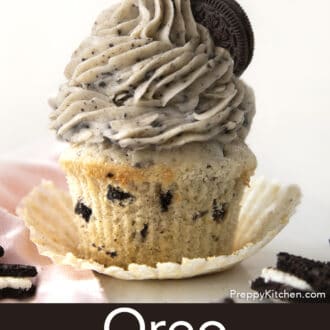 Pinterest graphic of an Oreo cupcake with Oreo frosting on an opened wrapper.