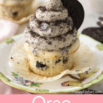 Pinterest graphic of an Oreo cupcake with Oreo frosting on a plate.