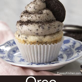 Pinterest graphic of an Oreo cupcake with Oreo frosting on a plate.