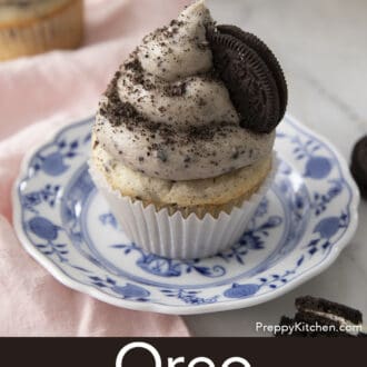 Pinterest graphic of an Oreo cupcake with Oreo frosting on a plate.