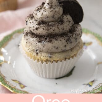 Pinterest graphic of an Oreo cupcake with Oreo frosting dusted with crushed Oreos.