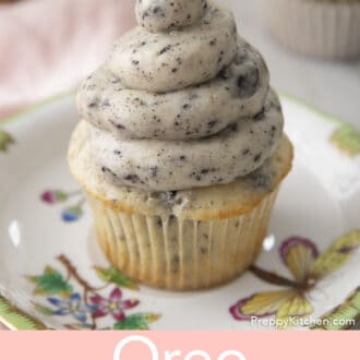 Pinterest graphic of an Oreo cupcake with Oreo frosting on a plate.