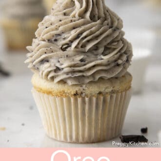 Pinterest graphic of an Oreo cupcake with Oreo frosting.
