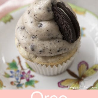 Pinterest graphic of an Oreo cupcake on a floral plate.