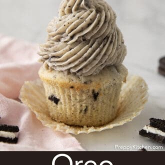 Pinterest graphic of an Oreo cupcake with Oreo frosting on an opened wrapper.