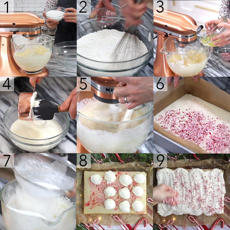 A photo collage showing the steps to make a candy cane sheet cake