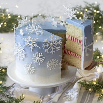 A photo of a blue ombré cake covered in candy melt snowflakes surrounded by evergreen cuttings and Christmas lights