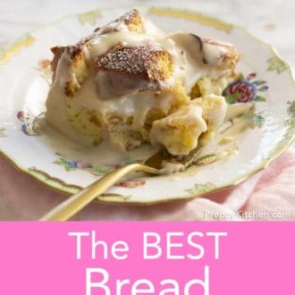 Pinterest graphic of piece of bread pudding on a plate with a fork.