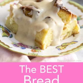Pinterest graphic of piece of bread pudding on a plate with vanilla sauce.