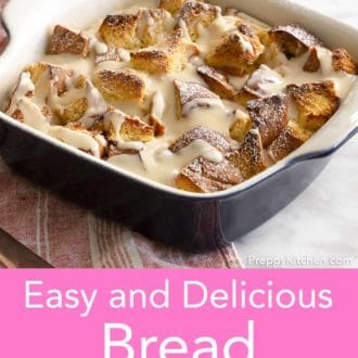 Pinterest graphic of bread pudding in a baking dish with vanilla sauce on top.