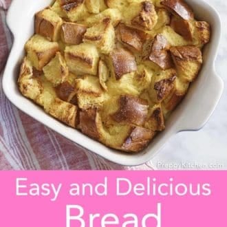 Pinterest graphic of an overhead view of bread pudding in a baking dish.