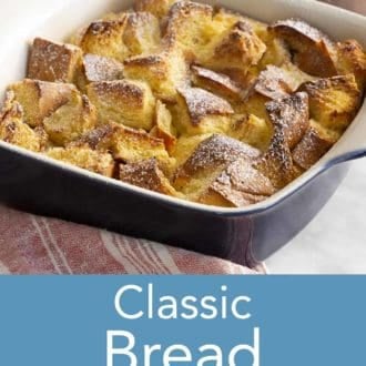 Pinterest graphic of bread pudding in a square baking dish.