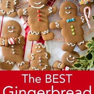 Pinterest graphic of decorated gingerbread cookies on a cooling rack.