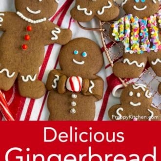 Pinterest graphic of decorated gingerbread cookies on a cooling rack.