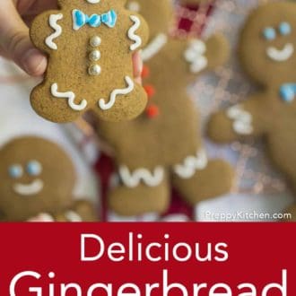 Pinterest graphic of a decorated gingerbread cookie held up.
