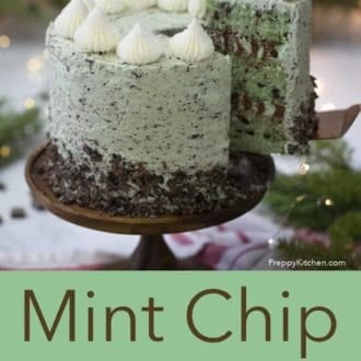 Pinterest graphic of a slice of mint chip cake sliced and lifted from the cake on a cake stand.