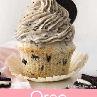 Pinterest graphic of a profile view of an Oreo cupcake with Oreo frosting on a counter.