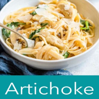A graphic with a bowl of artichoke pasta on top and artichoke pasta written in text underneath