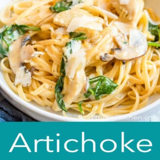 A graphic with a side shot of a bowl of pasta on top and artichoke pasta written in text underneath