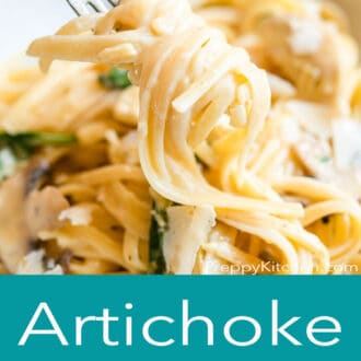 A graphic with a close up of pasta on a fork on top and artichoke pasta written in text underneath