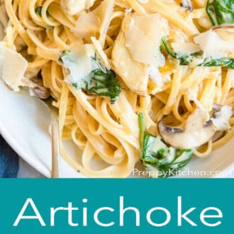 A graphic with a close up of pasta on top and artichoke pasta written in text underneath