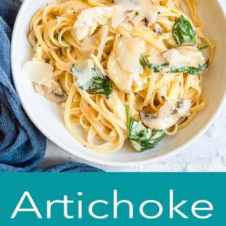 A graphic with a bowl of pasta on top and artichoke pasta written in text underneath