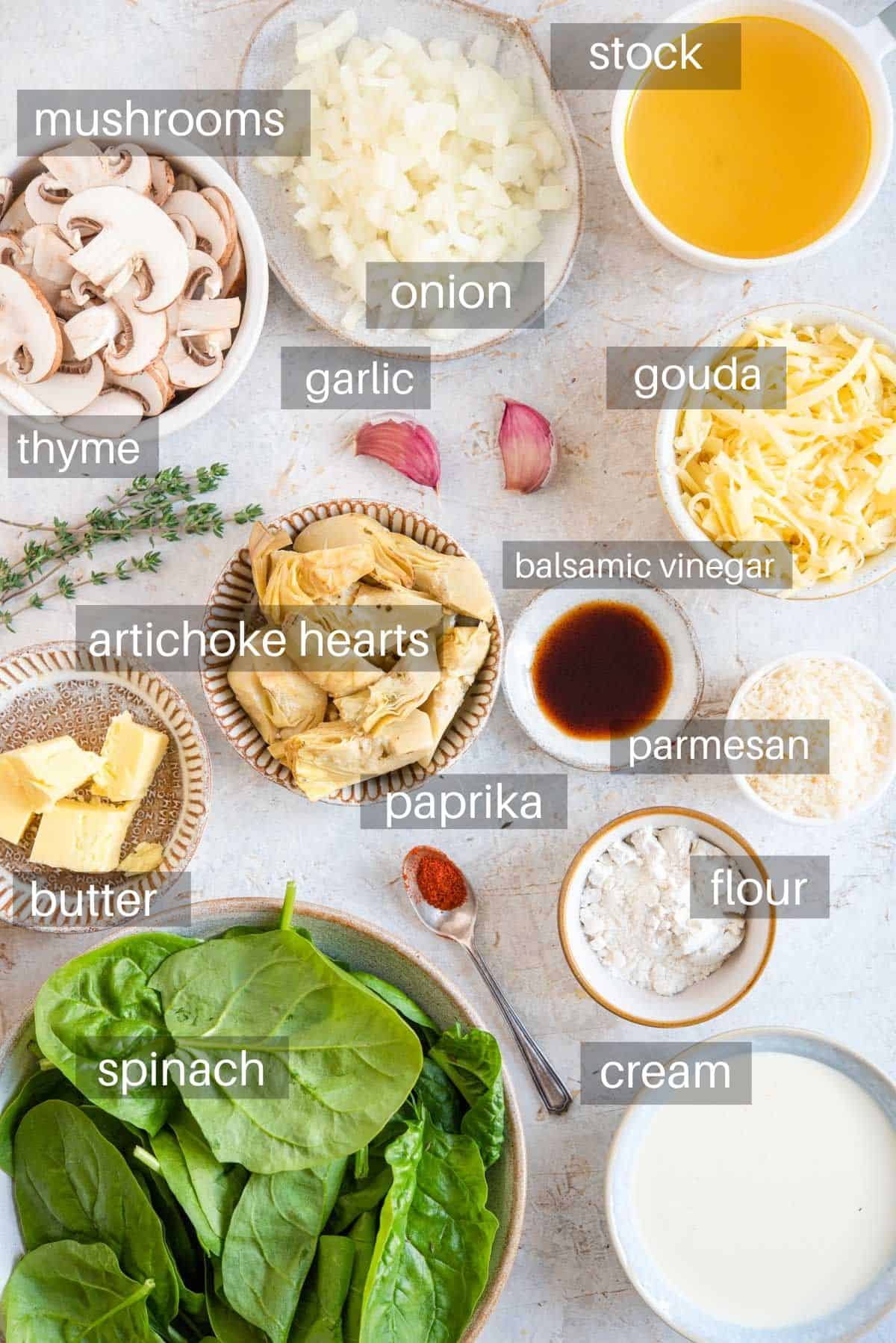 An overhead shot of ingredients you need to make artichoke pasta