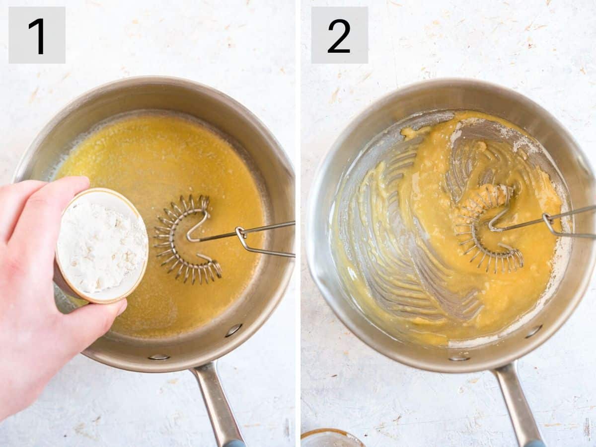 Two photos showing how to make a roux with butter and flour