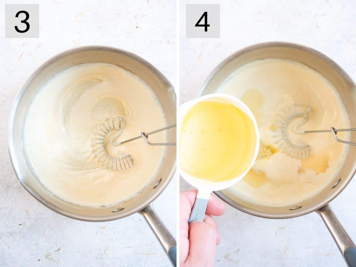 Two photos showing how to add cream and stock to a pan to make a sauce