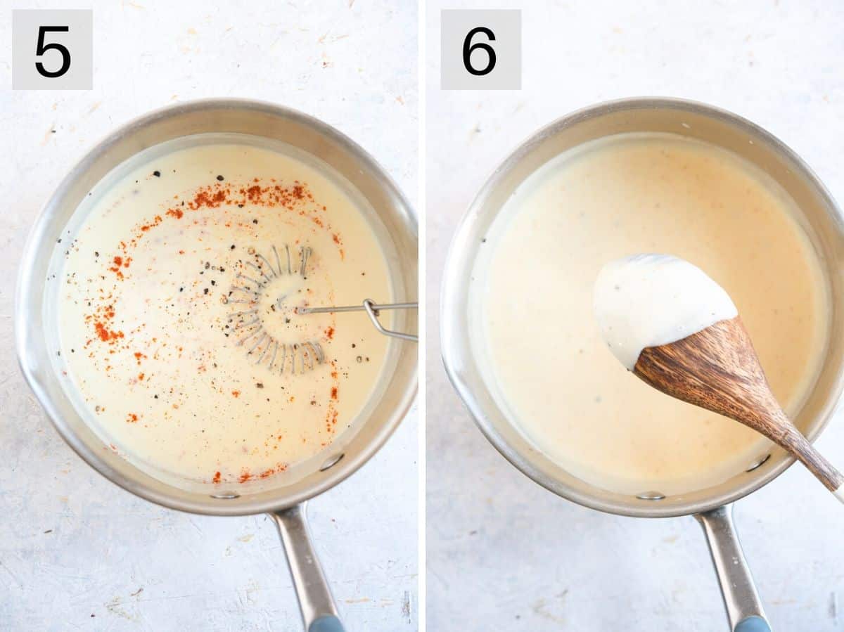 Two photos showing what a cream sauce looks like after cooking