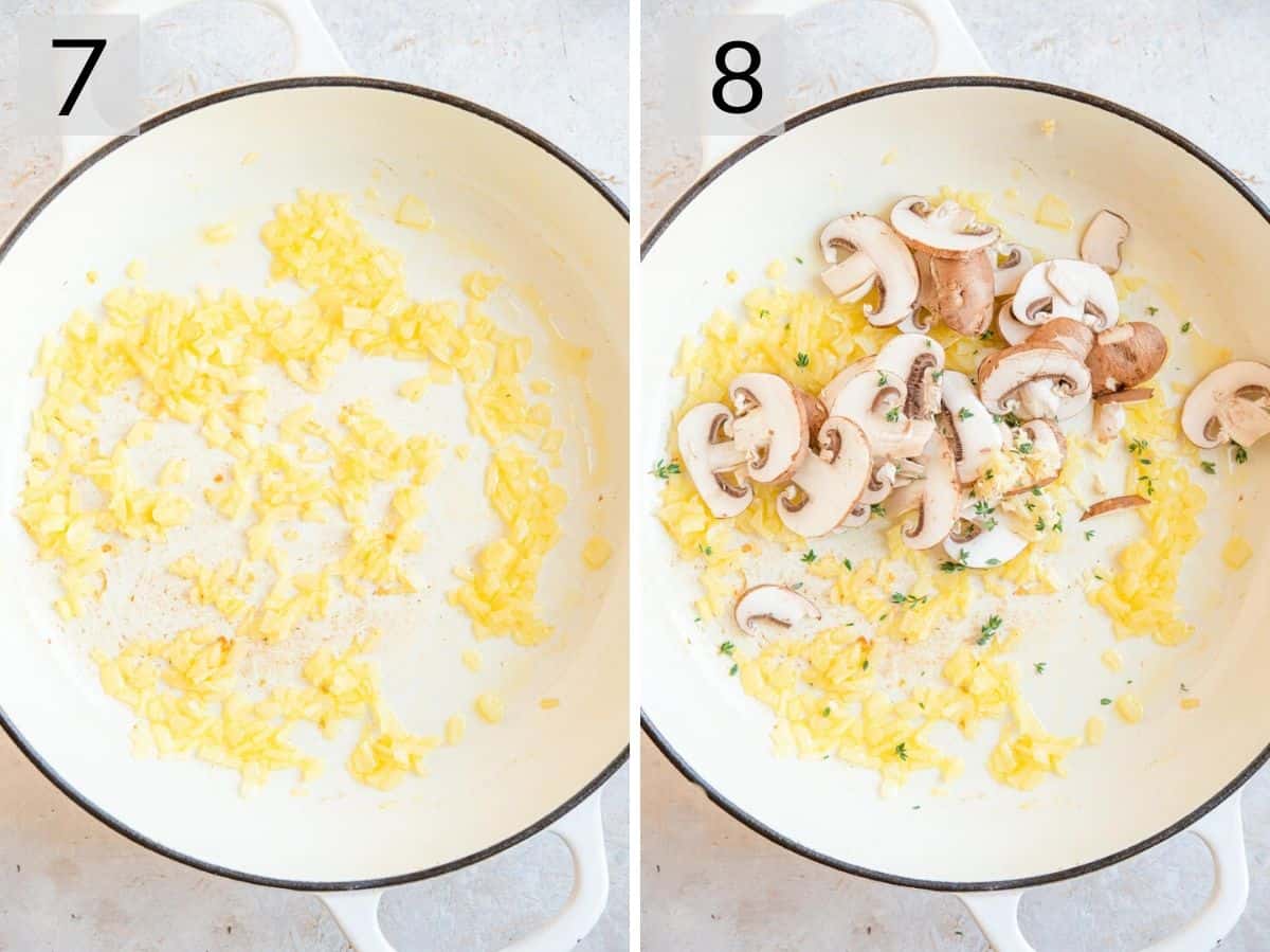 Two photos showing how to soften onion and mushrooms to make an artichoke sauce