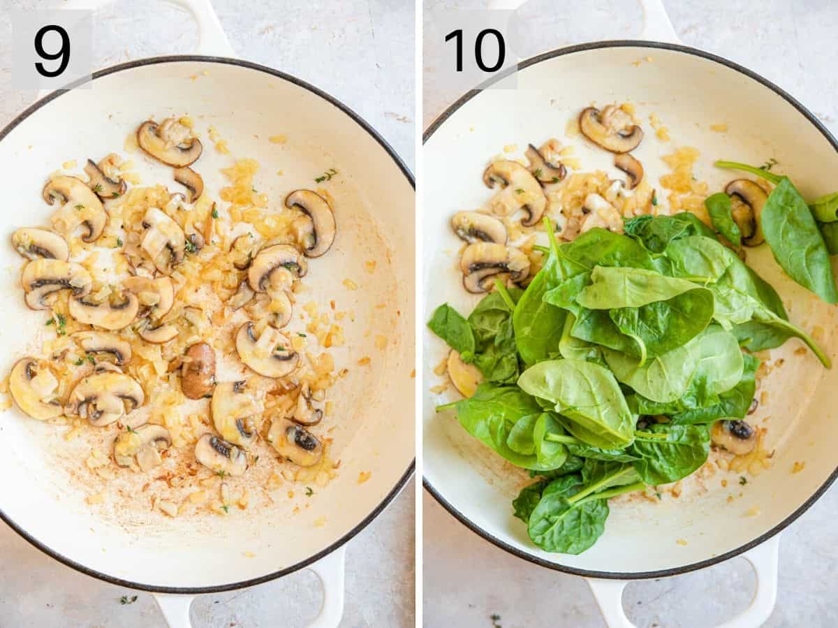 Two photos showing how to saute mushrooms and spinach