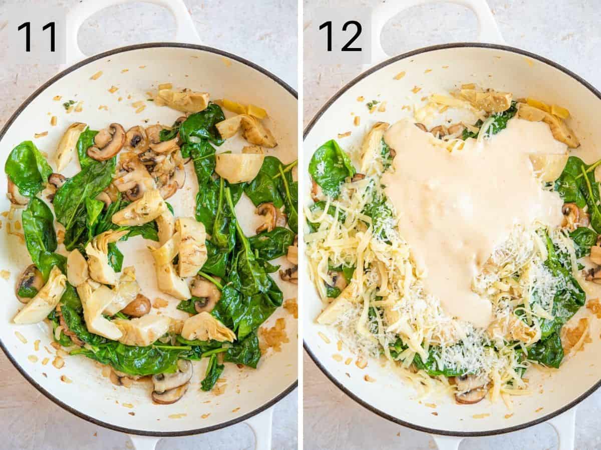 Two photos showing how to saute spinach and make a creamy artichoke sauce