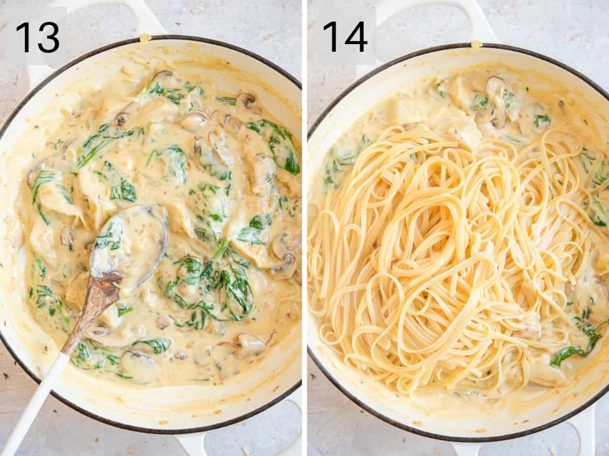 Two photos showing the end result after cooking pasta with a creamy artichoke sauce
