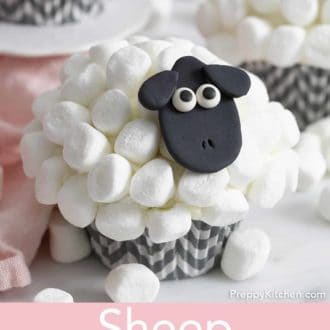 Pinterest graphic of a sheep cupcakes with more in the background.