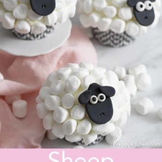 Pinterest graphic of three sheep cupcakes with one on a mini cake stand. Mini marshmallows scattered around.