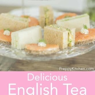 tea sandwiches on a tiered dessert stand