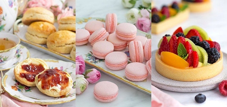 A photo collage showing scones, macarons, and a fruit tart