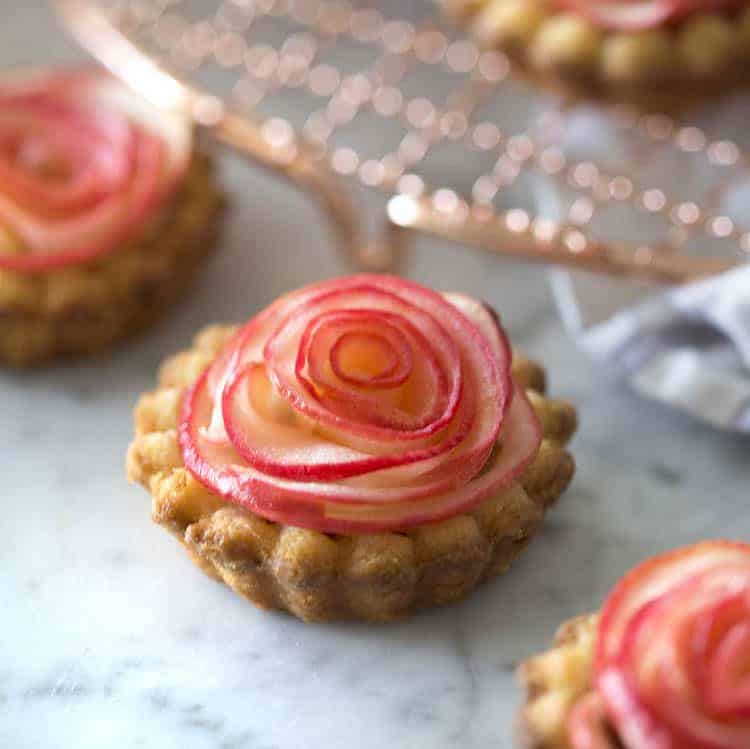 A mini apple tart with one apple rose on top.