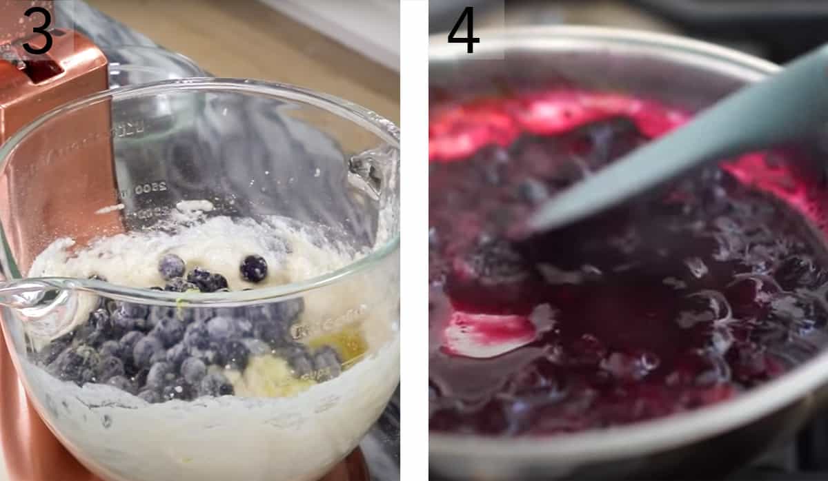 Blueberries and lemon zest getting folded into cake batter and blueberries cooked.