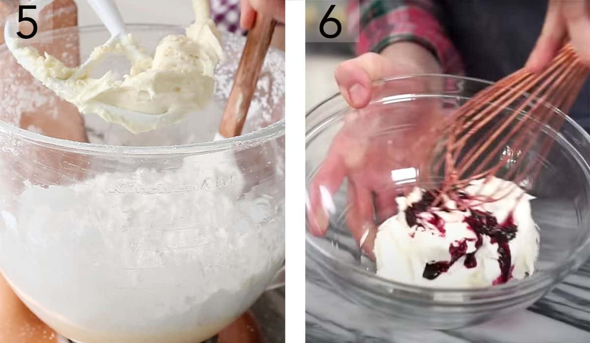 Blueberry buttercream getting mixed by hand.