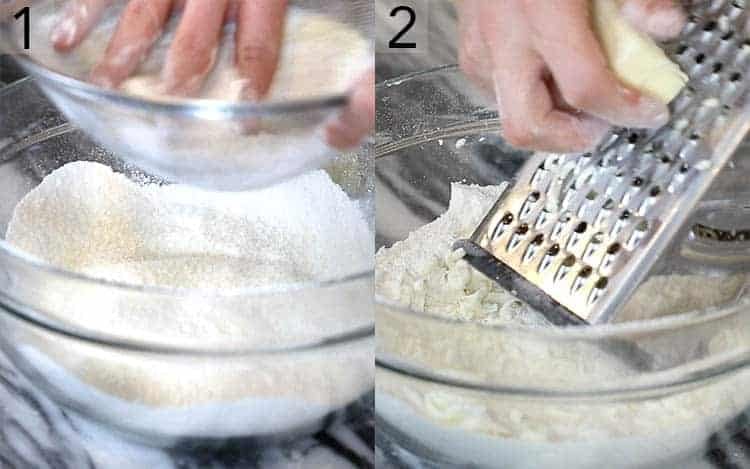 Two photos showing pastry dough being made by hand.