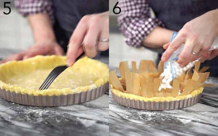 Two photos showing a tart shell being made. 