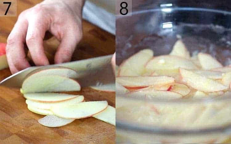 Two photos showing apples being sliced and soaked in a mixture.