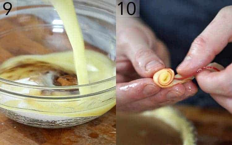 Apple roses being rolled.