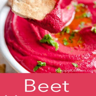 beet hummus in a white bowl
