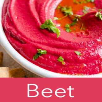 beet hummus in a white bowl