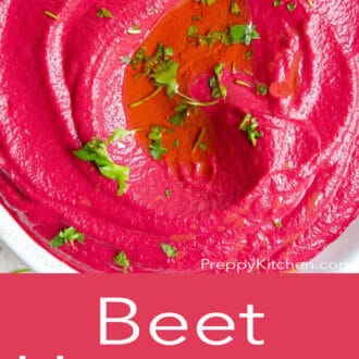 beet hummus in a white bowl